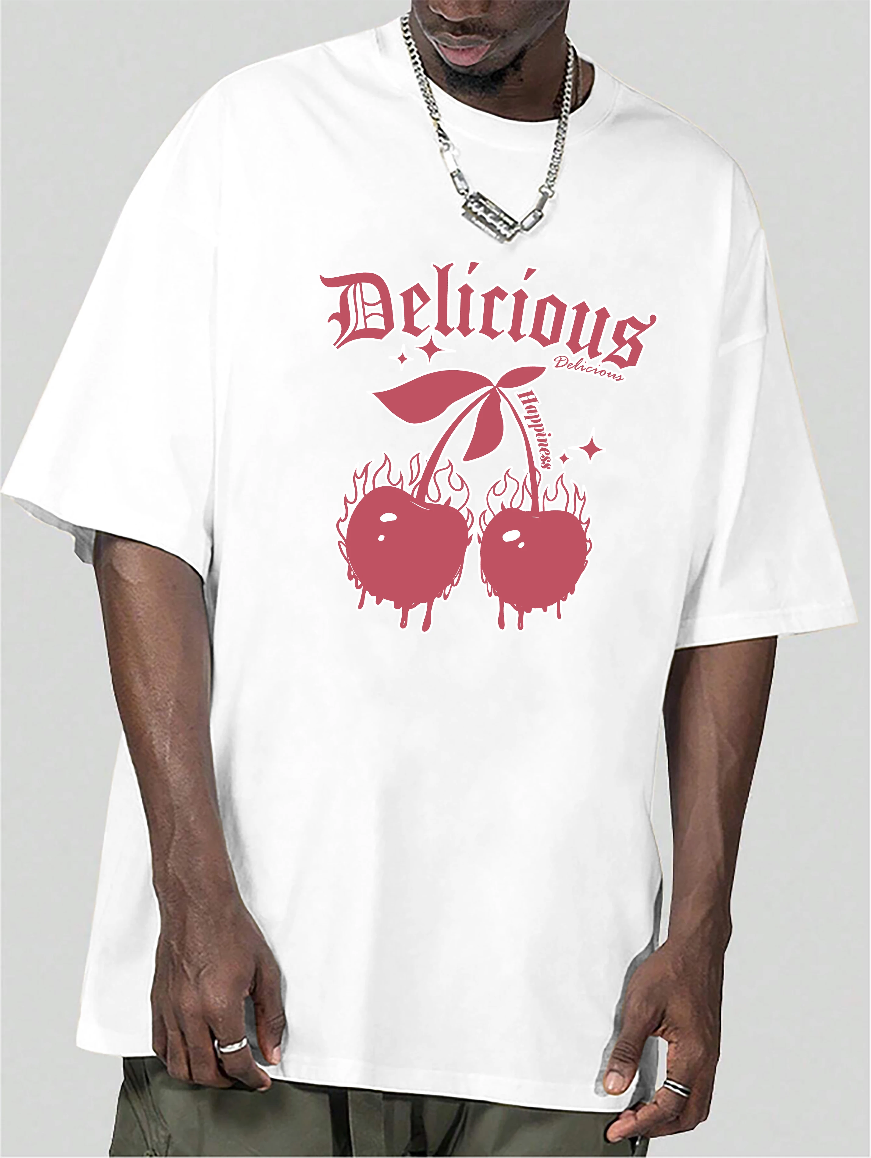 Men Oversized T Shirt Flame Cherry Delicious Gothic Letter Print Crew Neck Short Sleeve Street Loose Casual Tee