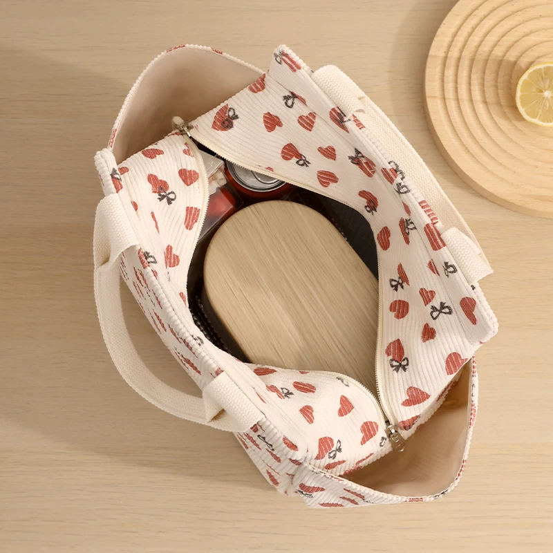 Corduroy Lunch Bag Thermal Insulation Lunch Box Storage Handbag Multifunctional Kid School Cooler Bag Picnic FoodPouch