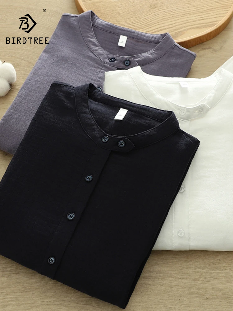 

Новая летняя женская блузка из хлопковой пряжи с длинным рукавом 2026 года, с воротником-стойкой и пэчворком, в стиле Mori Girl, простая, мягкая, тонкая, свободная, модель T64327CC