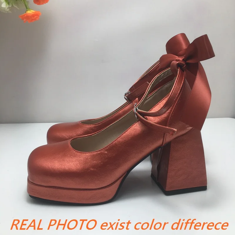 REAVE CAT Female Boots Toe Block Heels 9.5cm Platform 2cm Ankle Buckle Strap Bowknot Size 47 48 Fashion Party Shoes