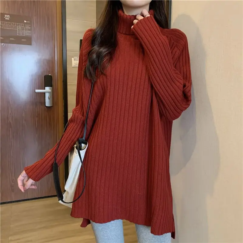 Women Vintage Simple Turtleneck Basic Knitted Sweaters Autumn Winter Trendy Solid Long Sleeve Loose Pullover Tops Casual Jumpers