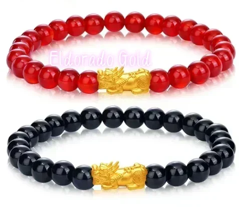 Eldorado Gold  24k pure gold pixiu  + red agate beads bracelet  gold balls bracelets 6mm black agate hand strings diy charms bra