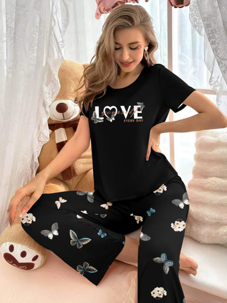 Black butterfly English letter print pajamas set short-sleeved round-neck top and elastic trousers women\'s pajamas home wear