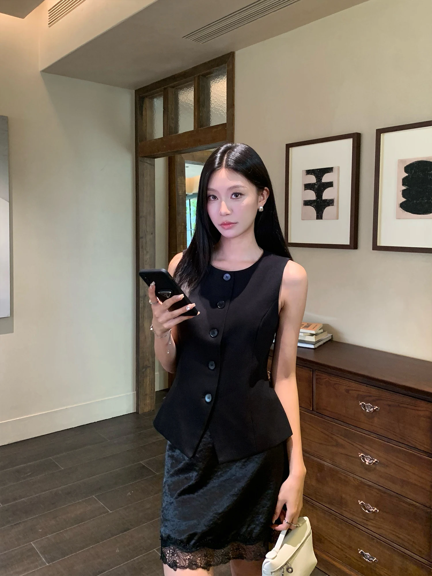 Pusumede High-End round Neck Suit Vest Women's Waist-Cinching Sleeveless Top Elegant Fashionable Polyester Spandex Blend