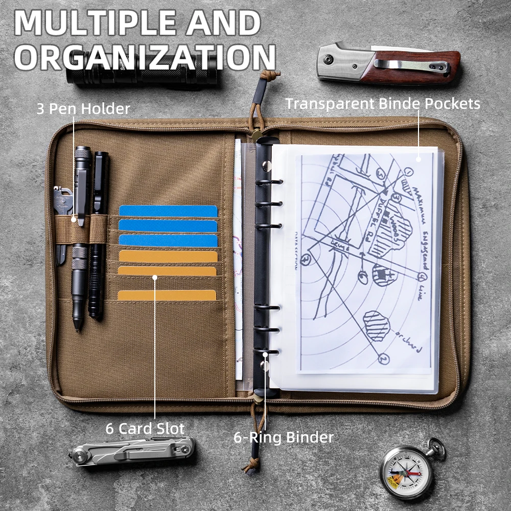 Multi-Storage Tactical Notebook Cover Notepad with Zipper for Tactical Gear and Organizer Presentation Folder with Pockets