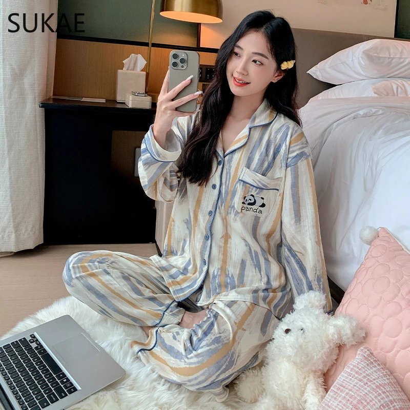 SUKAE M-5XL Autumn Winter Lady Home Clothes Faux Cotton Nightwear Lapel Pjs Fashion Turn-down Collar Sleepwear Woman Pajamas Set