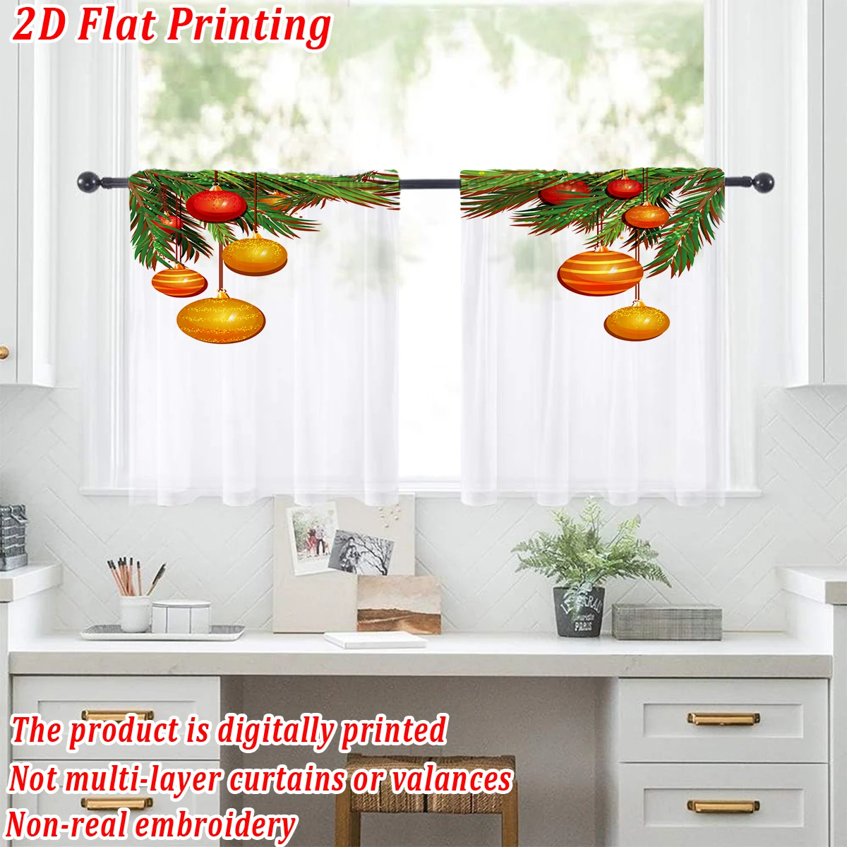 Christmas Flat Printing Kitchen Sheer Curtain with Merry Christmas Ball Pine Branch For Christmas Home Decor  Party