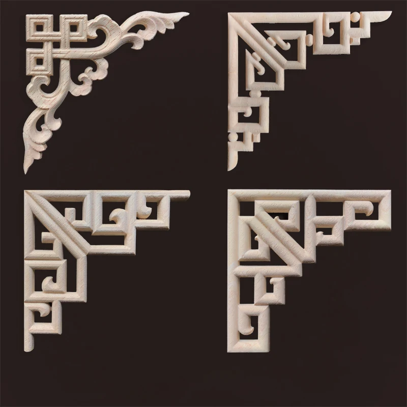 Home Decoration Accessories Unpainted Wood Carved Decal Corner Onlay Solid Wood Applique Furniture Vintage Horn Flower Decal