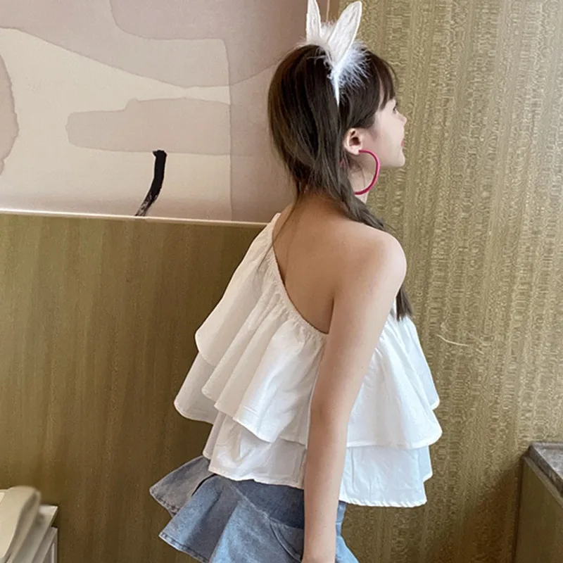 One Shoulder Blouse Women Sleeveless Top Solid Color Loose Fit Pullover Blouse Ruffled Layered T-Shirt Sweet And Spicy Summer