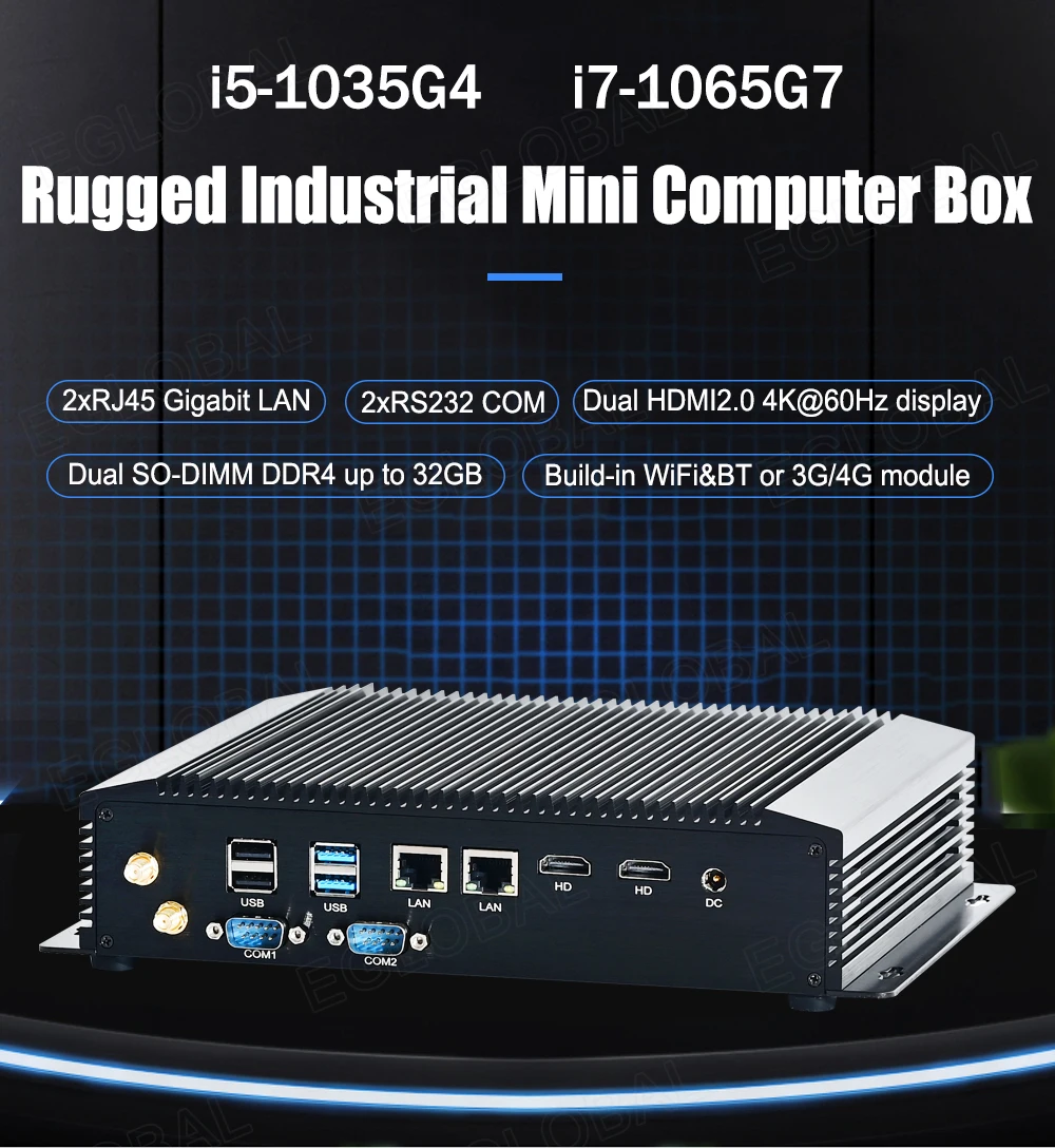 Eglobal G5B Rugged Industrial Mini PC With Intel i5-1035G4 i7-1065G7 2 DDR4 Win10 2 RJ45 Giga LAN 2 COM  2 HDMI2.0 8USB 3G/4G