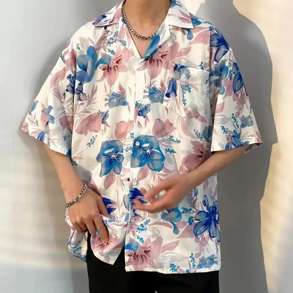 

Men Summer Beach Shirt Floral Print Lapel Loose Single-breasted Chest Pocket Half Sleeves Mid Length Hawaiian Vacation Top
