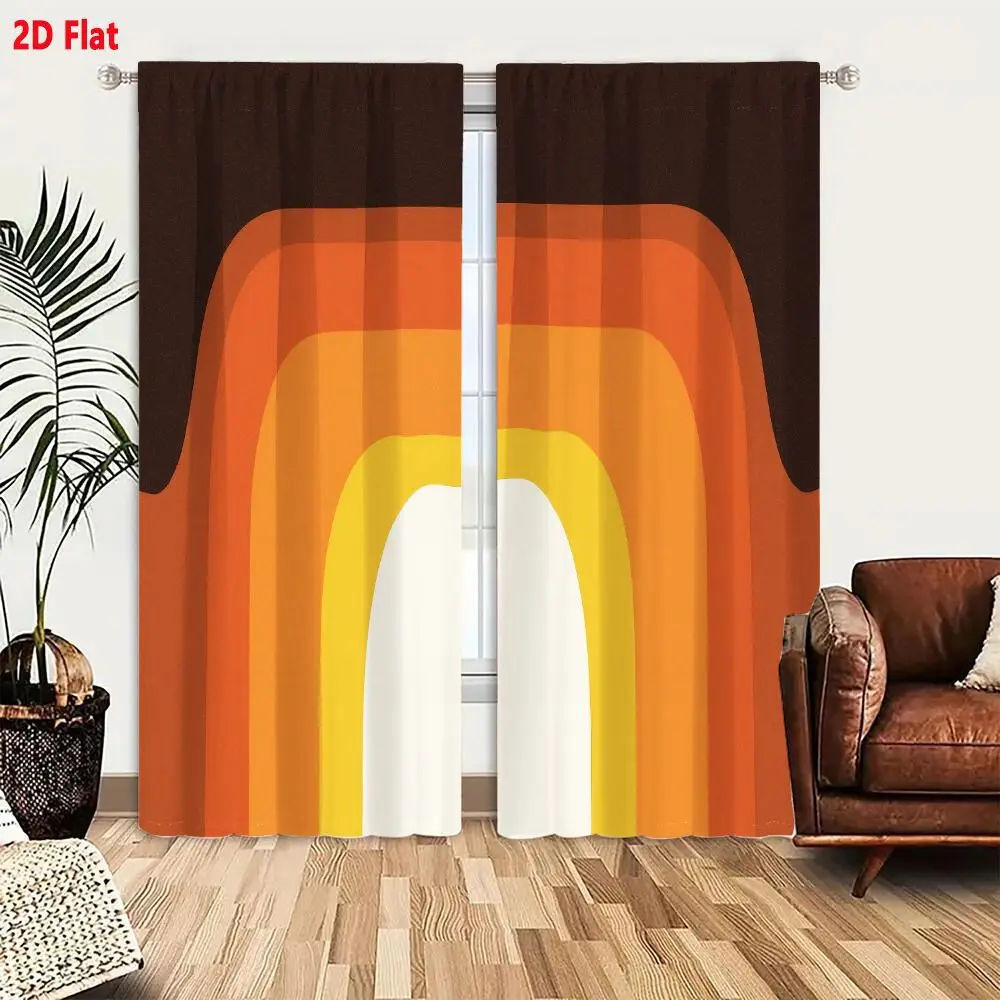 2Pcs Curtains 2D Flat Minimalist Abstract Geometric Archway Design With Warm Orange Yellow Gradient Layers On Dark Brown Backgro