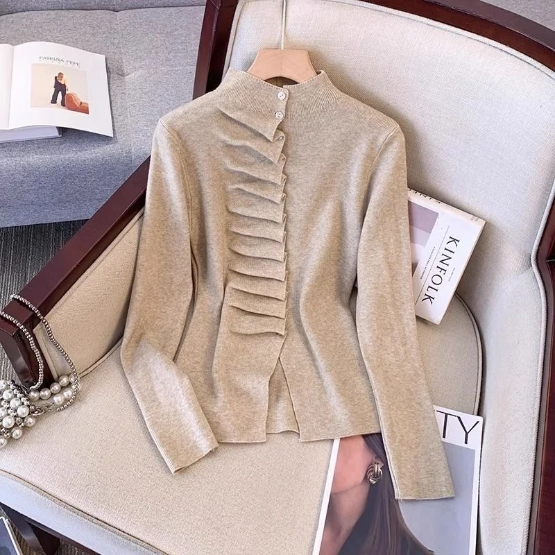 

Плиссированный вязаный свитер с длинными рукавами и длинными рукавами в американском стиле для девочек, осенне-зимний женский универсальный модный трендовый топ