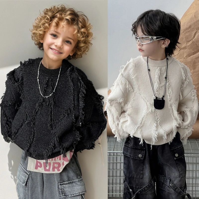 2025 Autumn Winter New Boys Sweater Loose Street Style Round Neck Woollen Sweater For 2-6Y Kids Tassels Knitted Bottoming Shirt