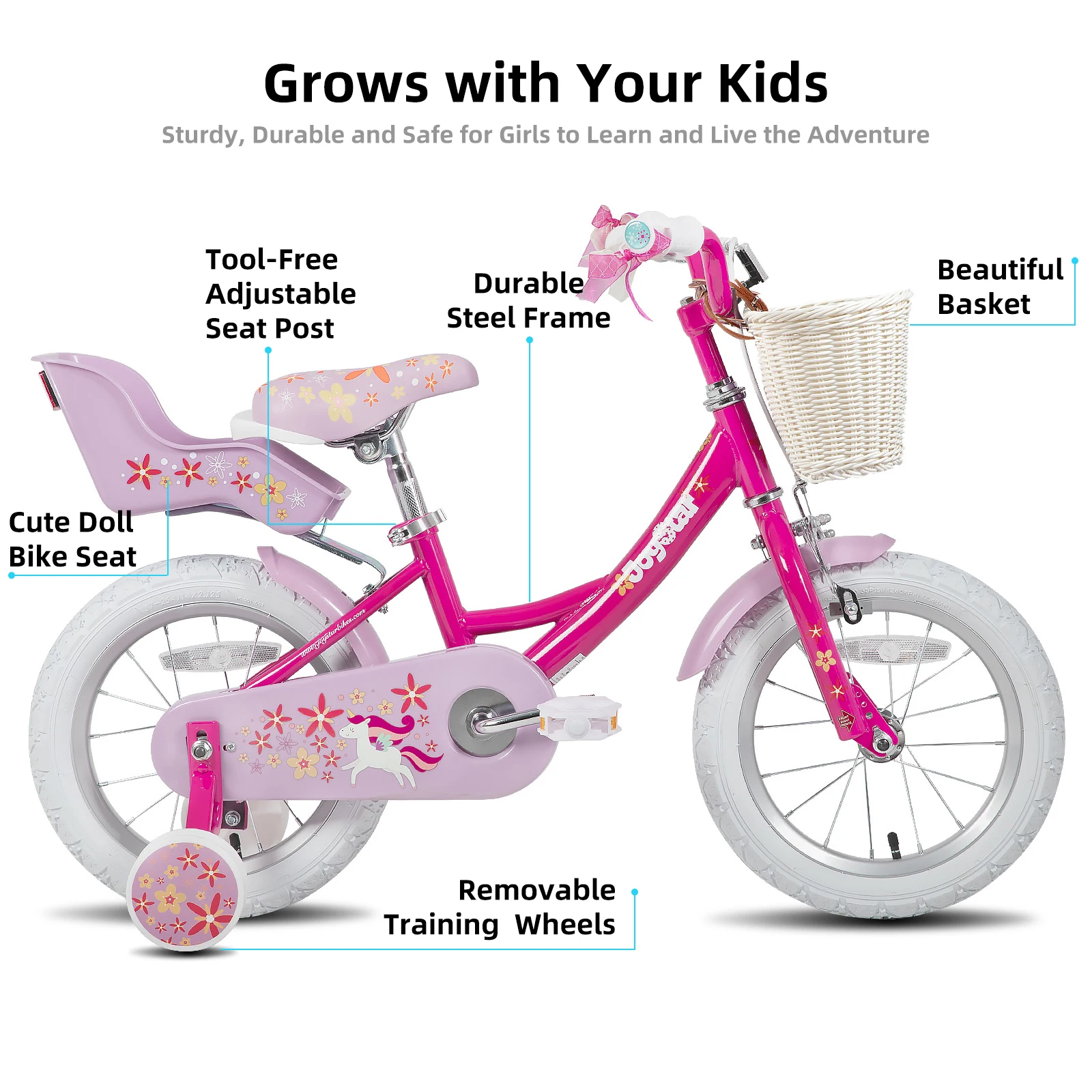 JOYSTAR Kinderfahrrad für Mädchen im Alter von 2–9 Jahren, 12, 14, 16, 45,7 cm großes Kinderfahrrad mit Stützrädern, Puppensitz, Luftschlangen, Korb, Fuchsia