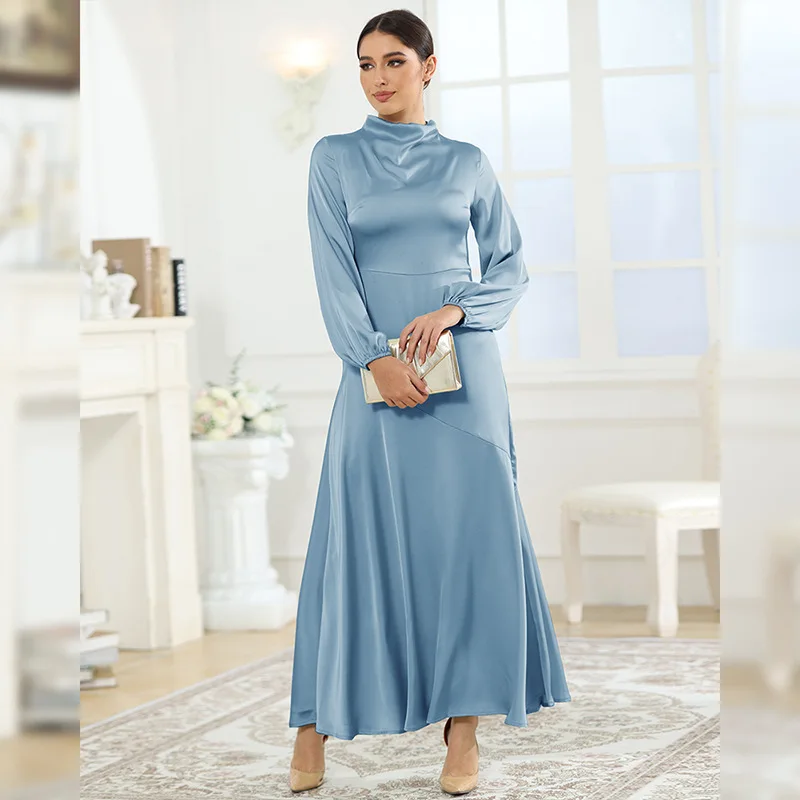 Muslim Dress Women Autumn Collection of Conservative Long Sleeve Loose Fit Satin Fabric Dresses Robe Longue Jalabiya for Women