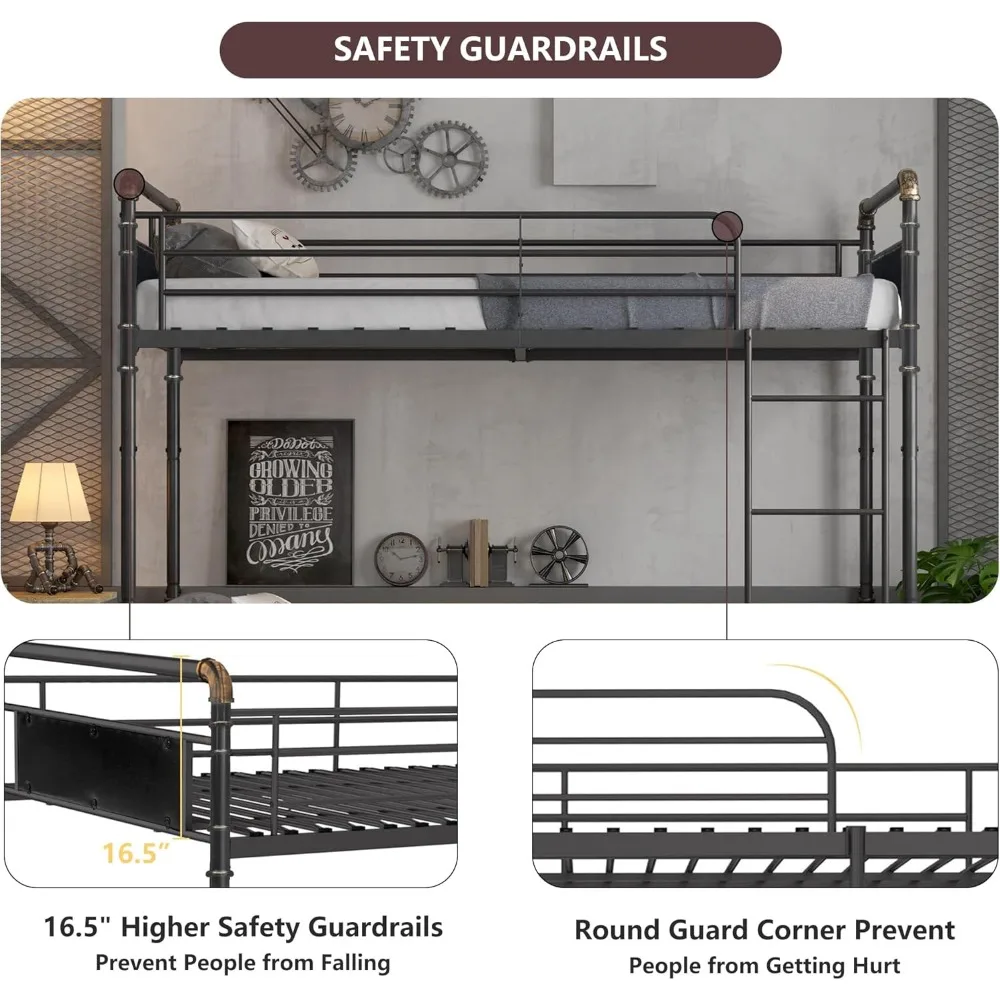 Lit superposé en métal 2 en 1 pour enfants et adultes, lits superposés convertibles jumeaux, lit tout taille 2 uries, rail de protection élevé de 16.5 po