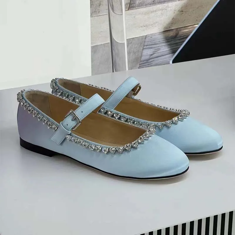 

Flats Round Toe Ankle Strap Buckle Crystal Decoration Women Shoes Solid Low Heel Causal Ballet Dress Graceful Lady Party Pumps
