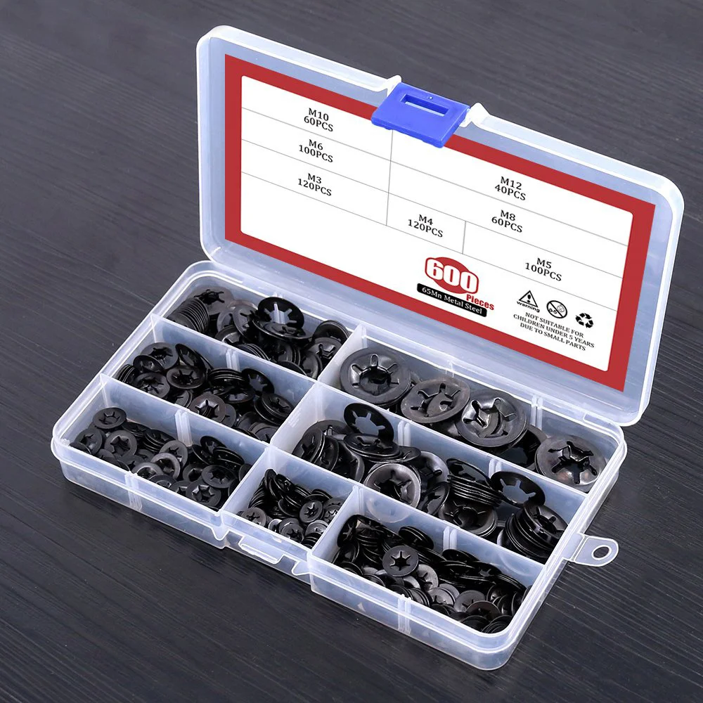 

600pcs 7 Sizes Internal Tooth Star Lock Washers,Quick Speed Locking Washers,Push Nuts,Speed Clips Retaining Clips Assortment Kit