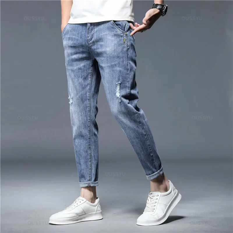 Hohe Qualität Marke Herbst Stretch Baumwolle Loch männer Knöchel Länge Jeans Streetwear Design Denim Hosen Korea Casual Hosen Männlichen