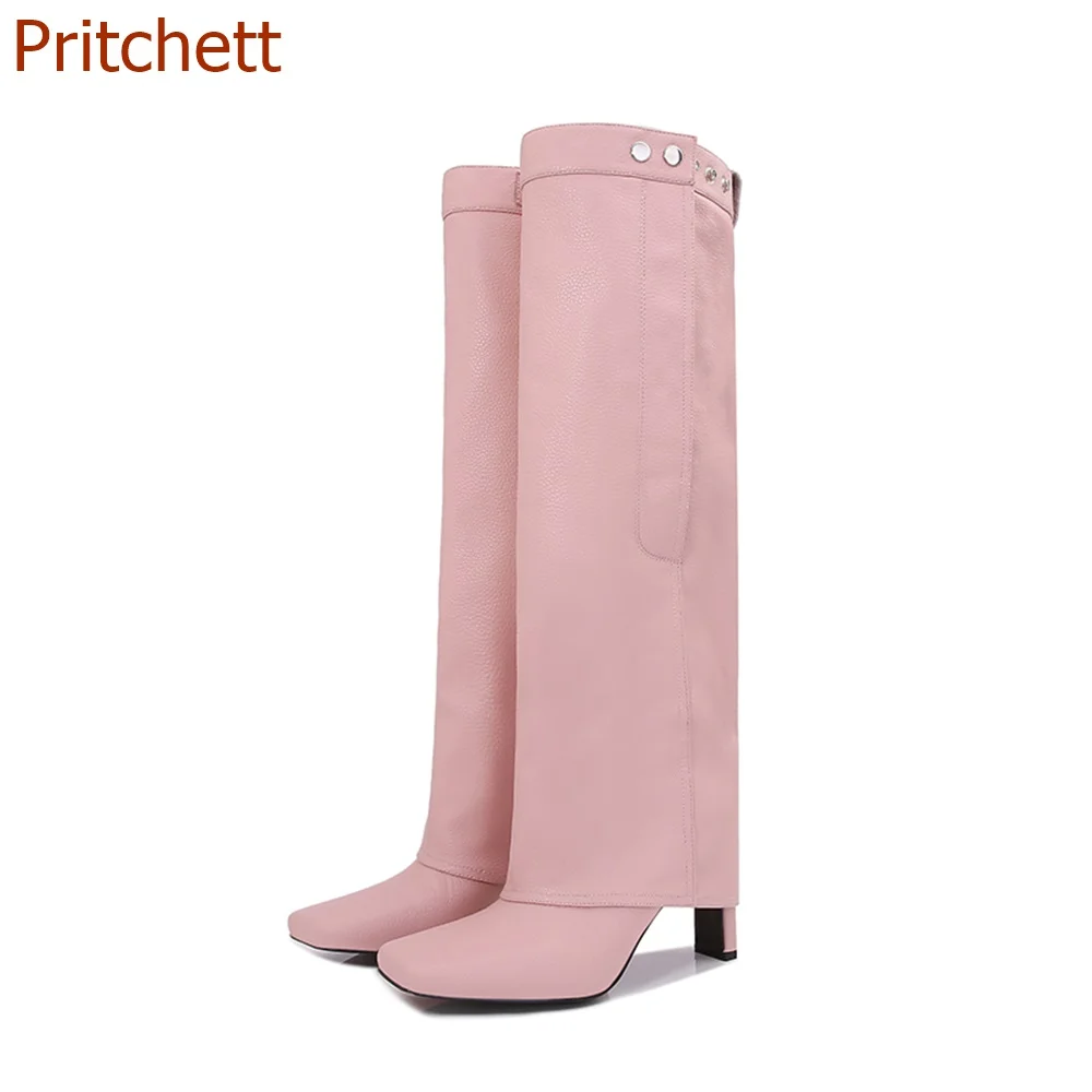 Square Toe Solid Women Boots Knee High Square Heel Belt Buckle Fashion Casual Comfortable Party  Women Shoes 2023 New Arrivals