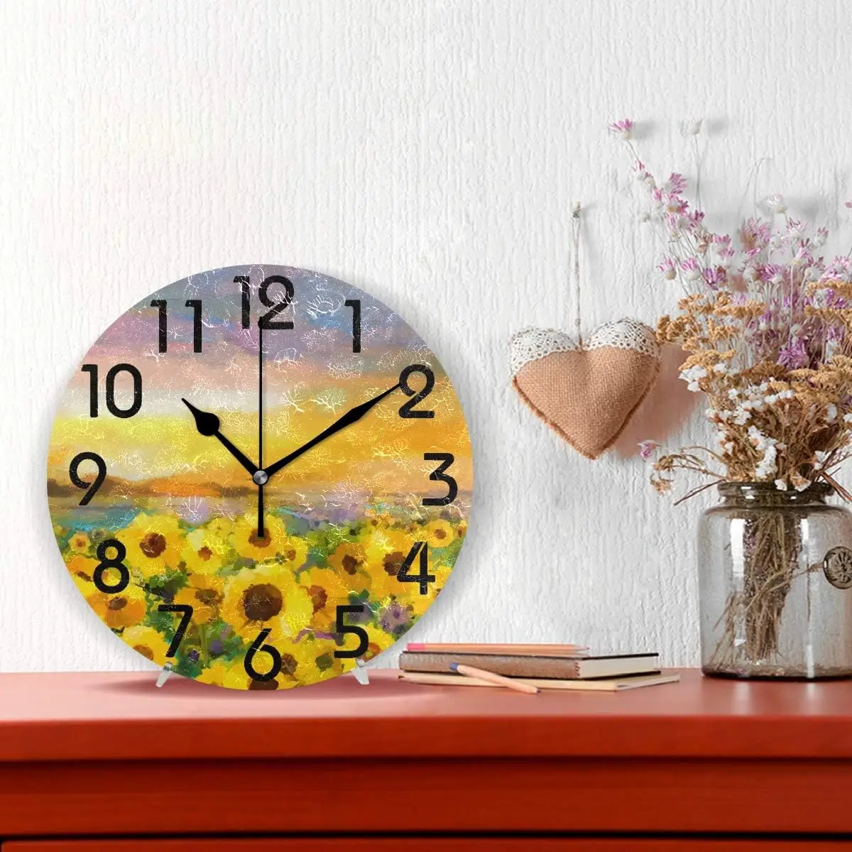 Beautiful Sunflower Field Oil Painting Print Round Wall Clock Decorative, 9.5 Inch Battery Operated Quartz Analog Quiet D