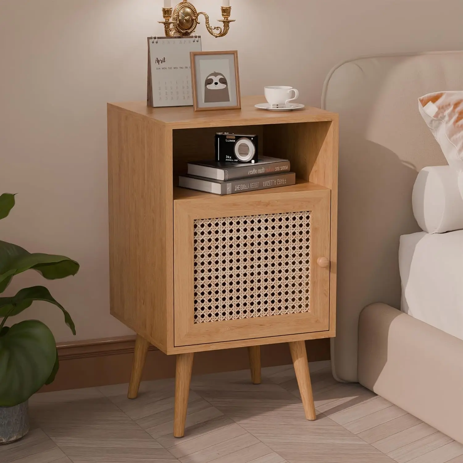 Comfort Corner Rattan Nightstand,Side Table with Handmade Rattan,Wood Bedside Table with Open Storage Shelf for Bedroom,Natural