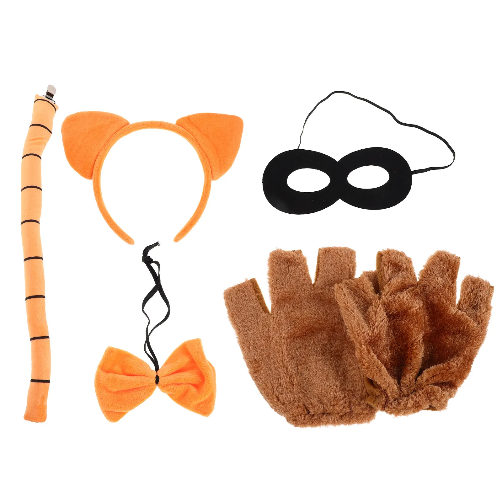 

1Sets Cat Costume Set Orange Cat Ears Headband Tail Bow Tie Paw Gloves Black Mask for Halloween Birthday Masquerade Cosplay
