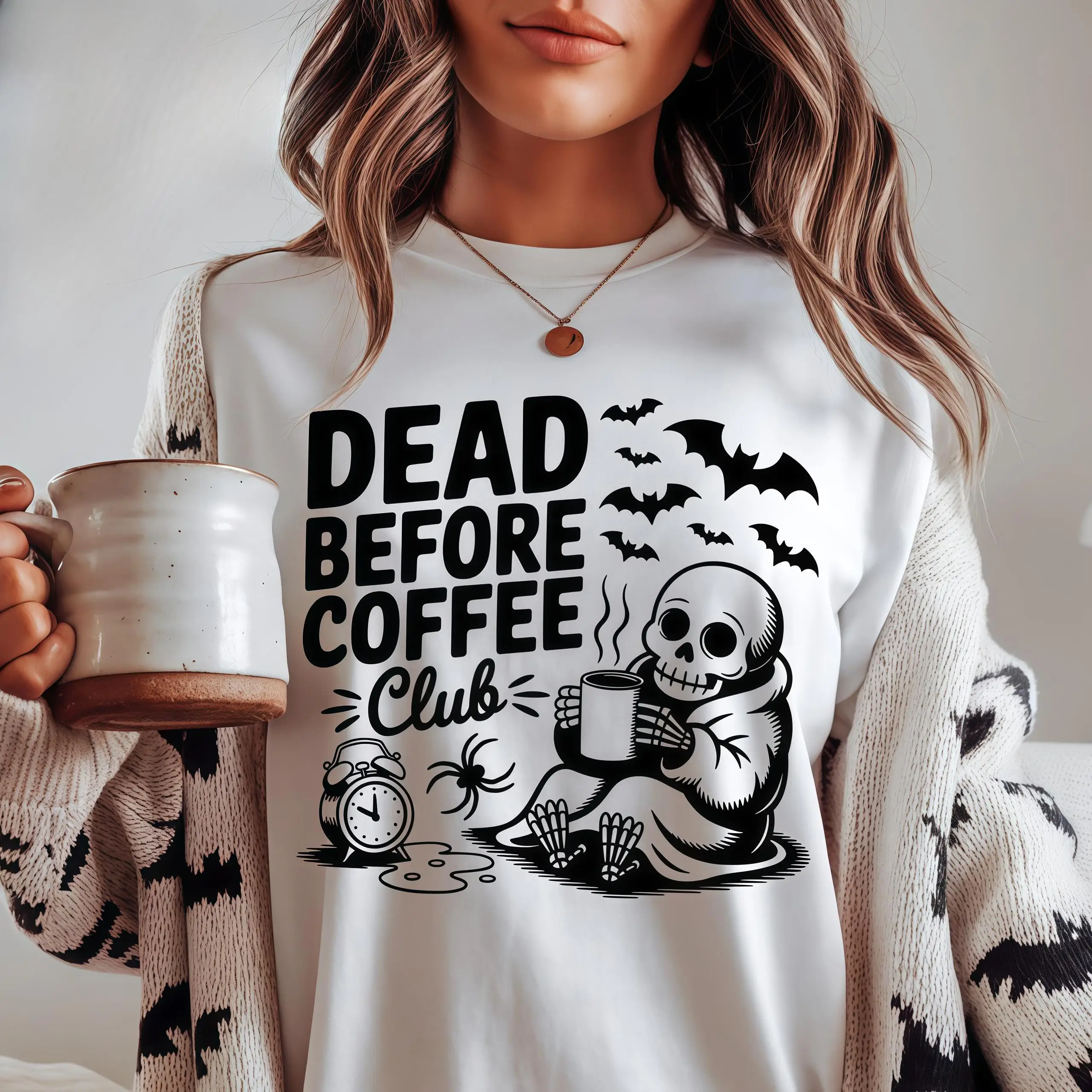 

Funny Dead Before Coffee Club T-Shirt Skeleton Drinking Tee Humorous Coffee Lover Gift Goth Style Graphic Tops Unisex