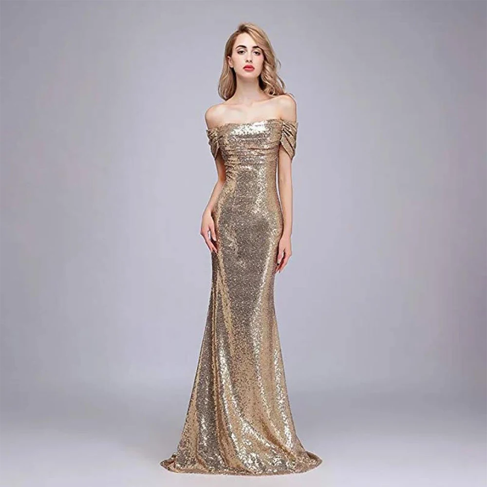 

Dream Gold Simple Evening Dress Sequin for Floor-Length Strapless Off the Shoulder Prom Dress Mermaid Robes De Soirée Customized