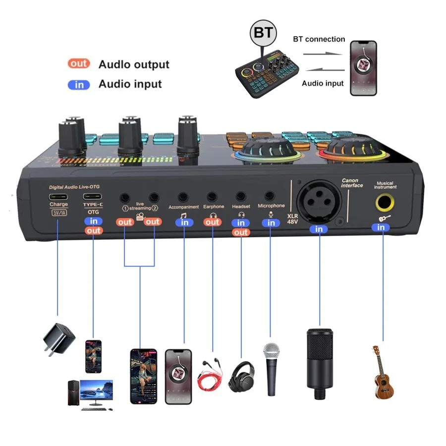 T600 مسجل استوديو بطاقة الصوت المهنية 48 فولت جهاز مزج الصوت مع مبدل الصوت للهاتف الألعاب كاريوكي ستوديو البث المباشر #5