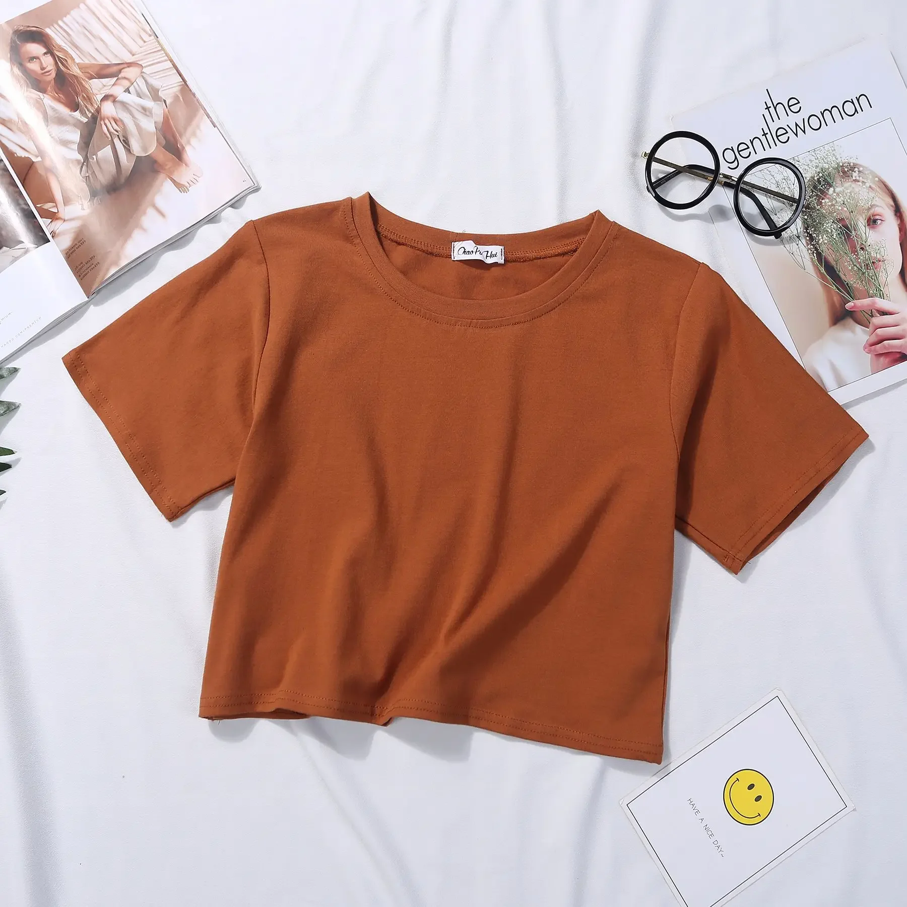 2025 Summer Short Sleeve T Shirts Women Cotton Solid T-shirt  O Neck High Waist Crop Top Tee Female Casual Loose  T Shirt