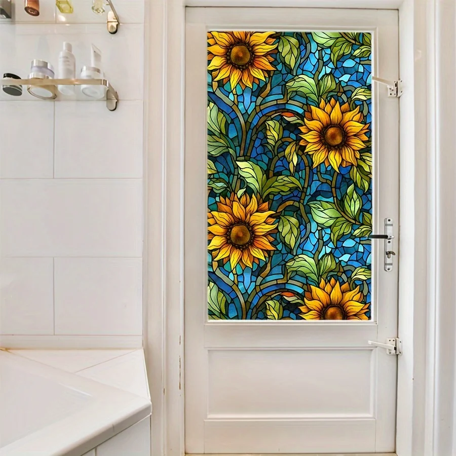 1Pc Zonnebloem Landschap Kleur Glas Raam Film Decoratie Elektrostatische Privacy Glasfilm Raamfolie Slaapkamer Woonkamer Bad