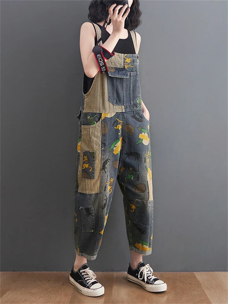 

Spring Fall New Fashion Women's Vintage Cartoon Print Patchwork Baggy Suspender Jeans Female Casual Loose Retro Denim Pants Z674