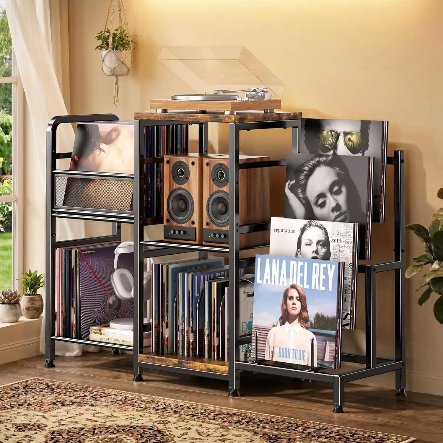 

Large Record Player Stand Holds 400+ Albums, 3-Tier Turntable Stand with Display Shelf, Multifunctional Media Console Table