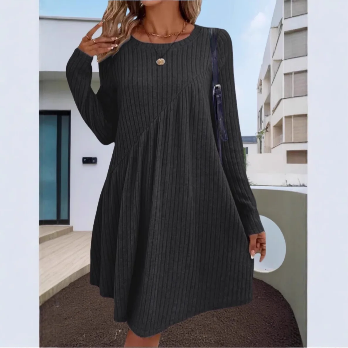 

Bohemian Irregular Women's Medium Length Dress Autumn Winter Casual Loose Round NeckBrushed Pit Solid Fashion Elegant Dresses