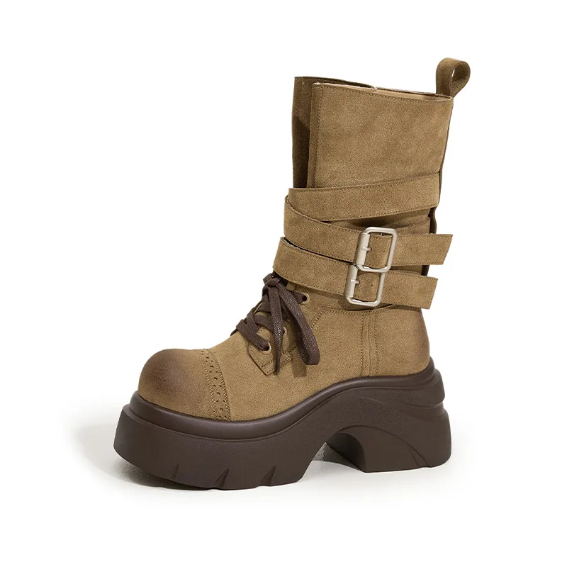 

Women's Retro Western Cowboy Boots 8.5CM Wedge Heels Mid-calf Boots Female Chunky Sneakers Suede Leather Motorcycles Boots Woman