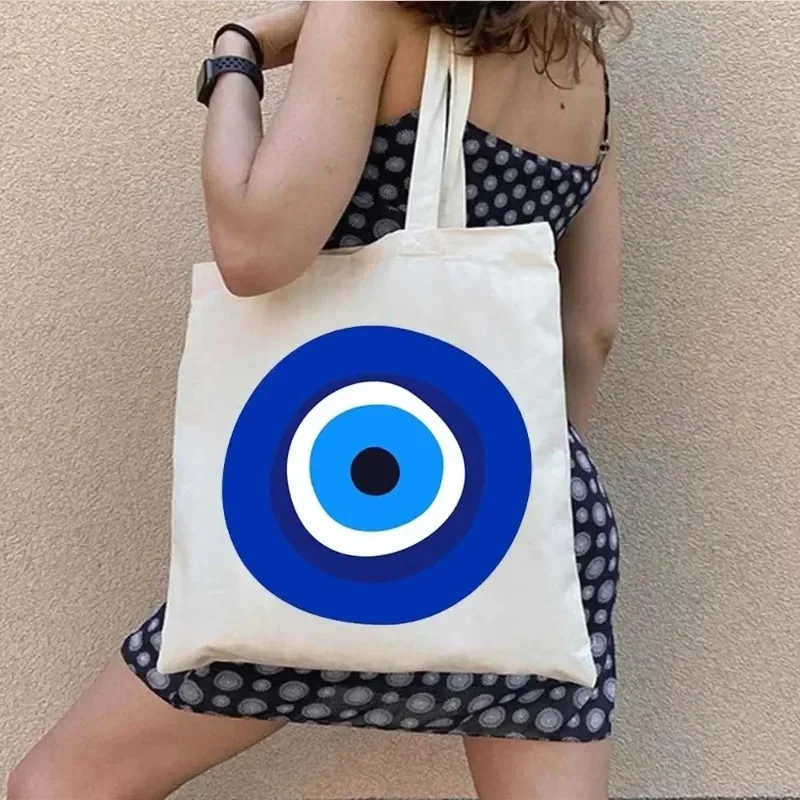 Colorful Evil Eye Psychedelic Blue Green Shoulder Bag Large Capacity Casual Handbag Ladies Canvas ECO Shopping Bag Gift