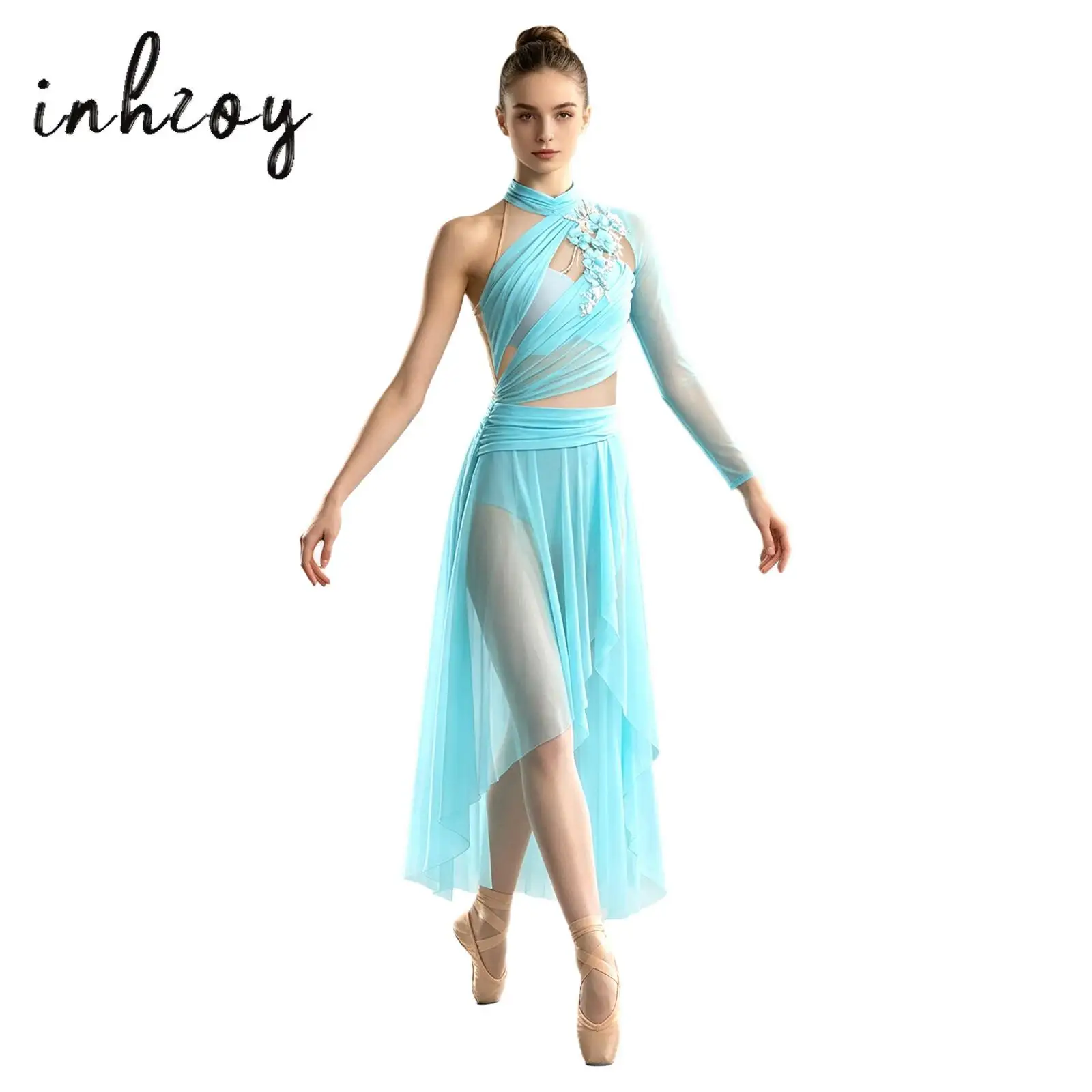 Modernes Lyrisches Tanz-Bodysuit-Kleid für Damen mit 3D-Applikationen, Stickerei, Unregelmäßigem Saum und Geknöpftem Schritt, Midi-Kleid für Bühnenwettbewerbe