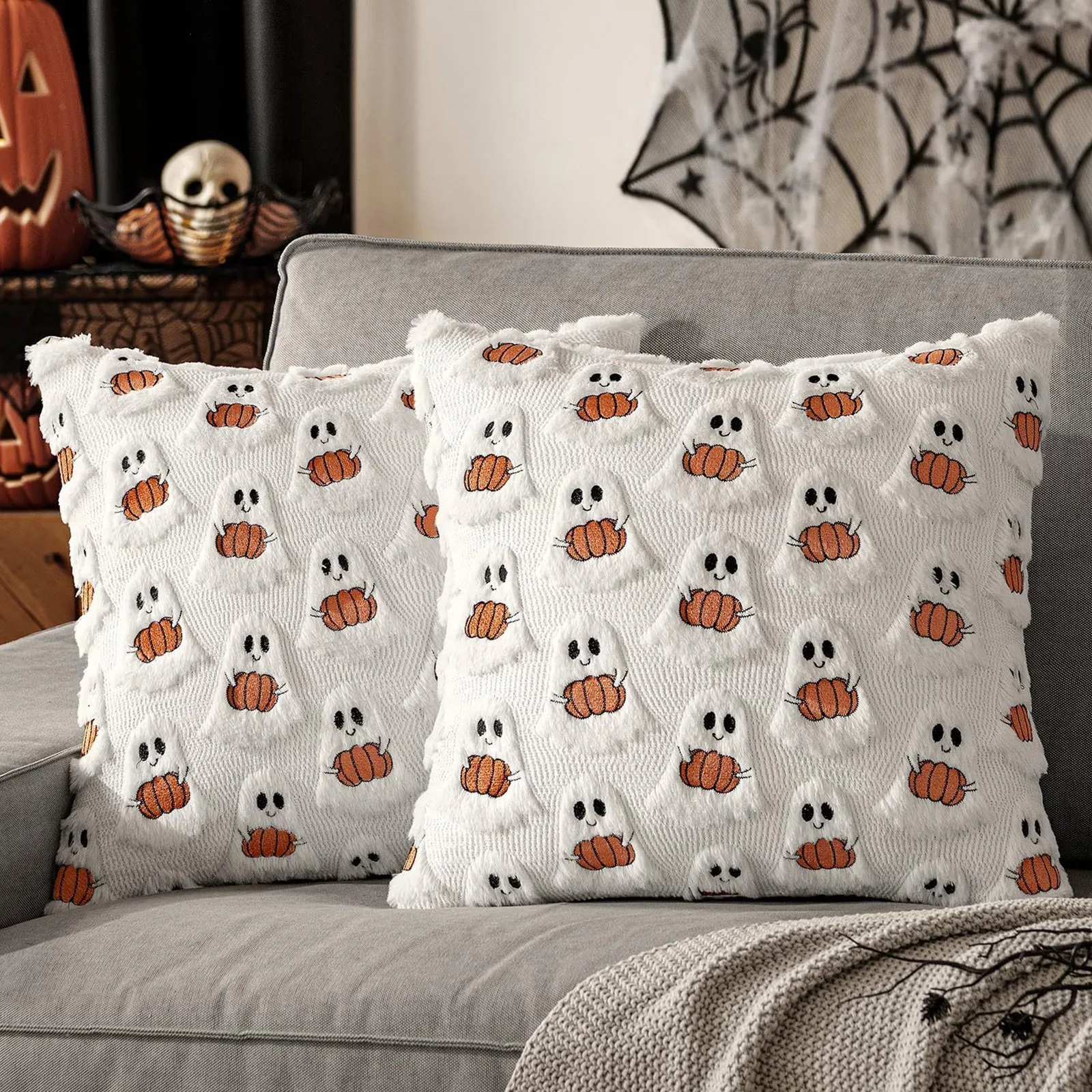 Halloween Ghost, Pumpkin, and Bat Printed Pillowcase Square Pillow Case Sofa Cushion Cover Comfortable Plush Pillow Cover