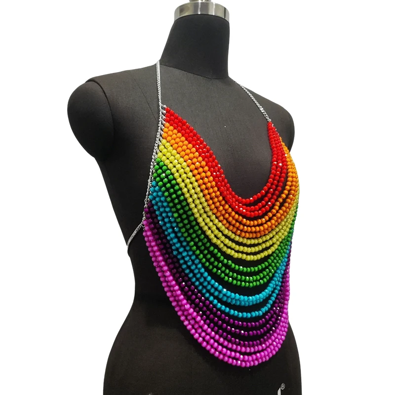 Handmade Women Festival Outfit Magic Glass Chainmail Crystal Beads Body Chain Backless Rainbow Kandi Top Fairytopia Beaded Bra