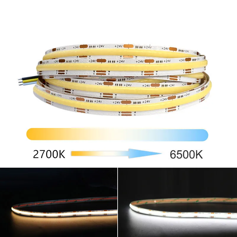 CCT COB LED Strip Light 24V Double Color Dual Colour High Density Linear Tape 2700K To 6500K CRI90 RA90 Ściemnialna lina wstążkowa FOB