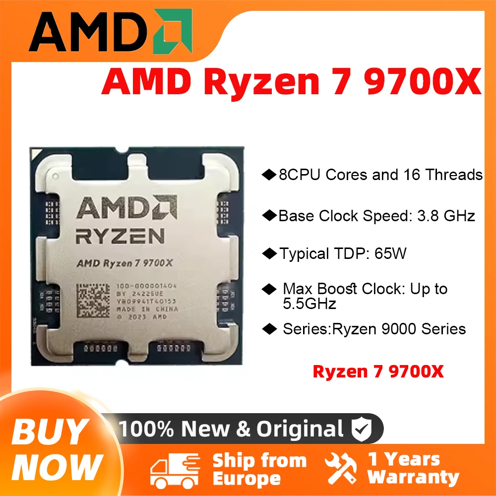 Processeur AMD Ryzen 7 9700X 5,5 GHz 8 cœurs 16 threads 40 Mo de cache de jeu 4 nm TDP 65 W Socket AM5 CPU de jeu Zen 5 9700X