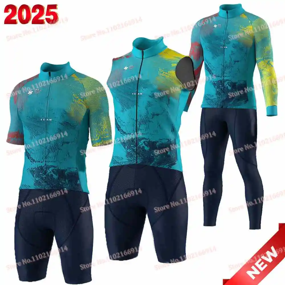 Комплект велосипедного трикотажа Qazaqstan Team 2025 с коротким рукавом Mark Cavendish, одежда для велоспорта, мужские рубашки для шоссейного велосипеда, костюм, велосипедные шорты