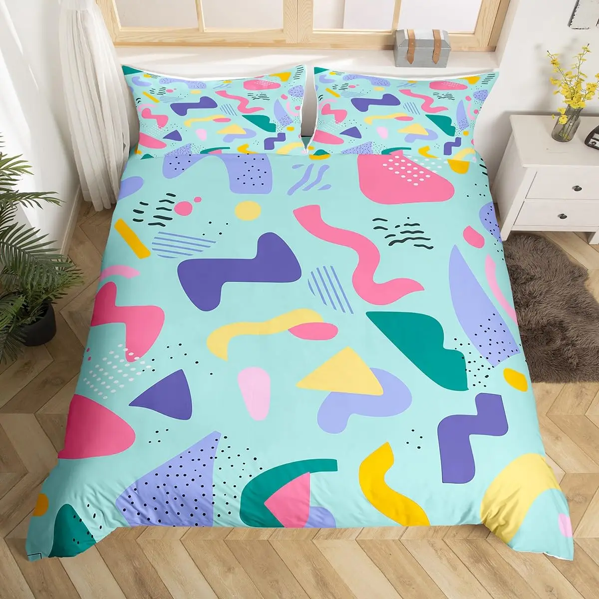 80s 90s Bedding Set Memphis Pattern Old Fashioned Comforter Cover Full King,Geometric Abstract Colorful Dots Funky Duvet Cover