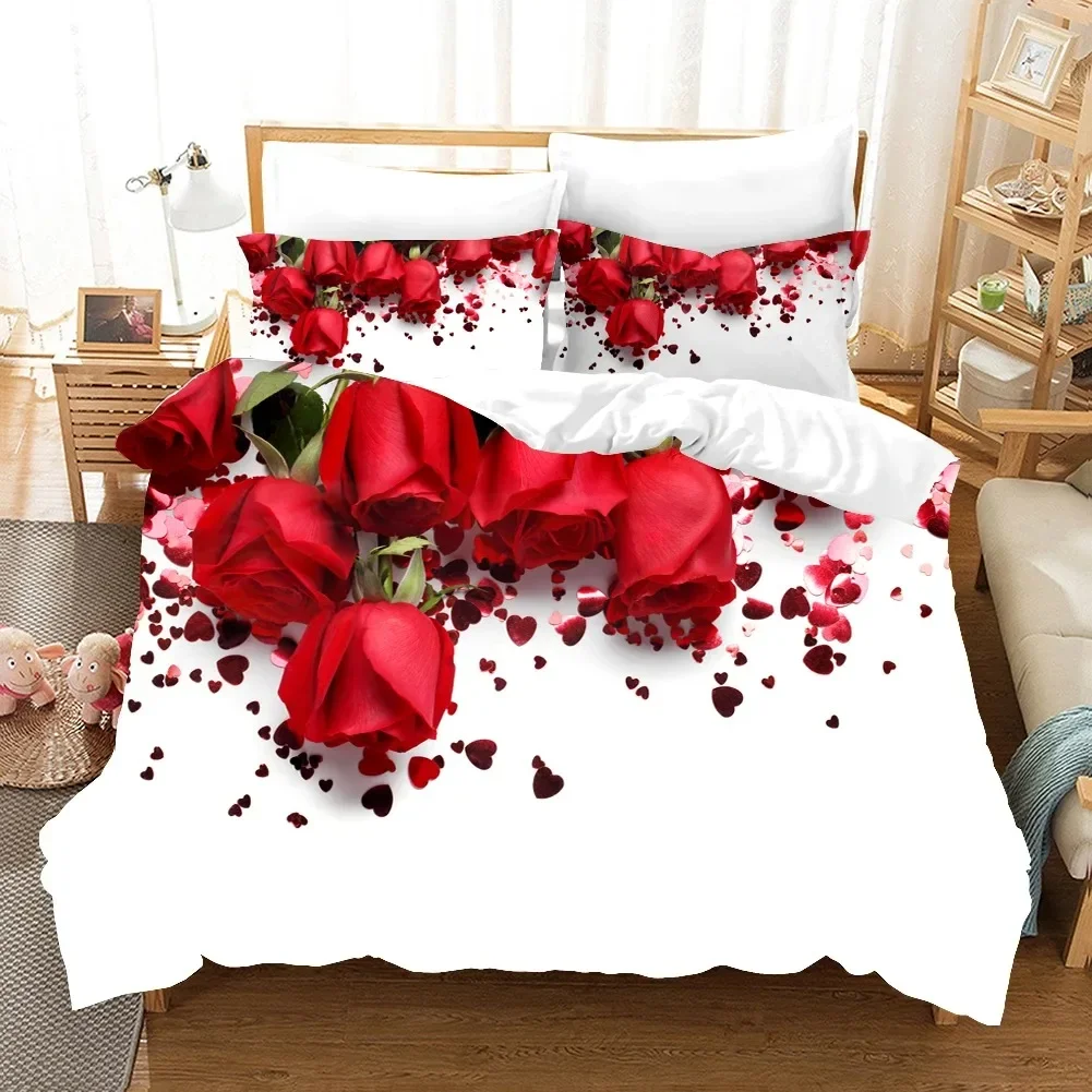 Red Rose 3D Bedding Set Flower Elegant Romantic Duvet Cover Sets Pillowcase Microfiber Bed Clothes Queen King Size