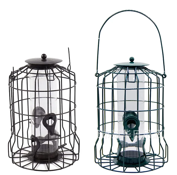 Outdoor Garden Metal Hanging Squirrel Proof Wild Bird Feeder with Metal Cage and Plastic Tube for Animal Drinkers