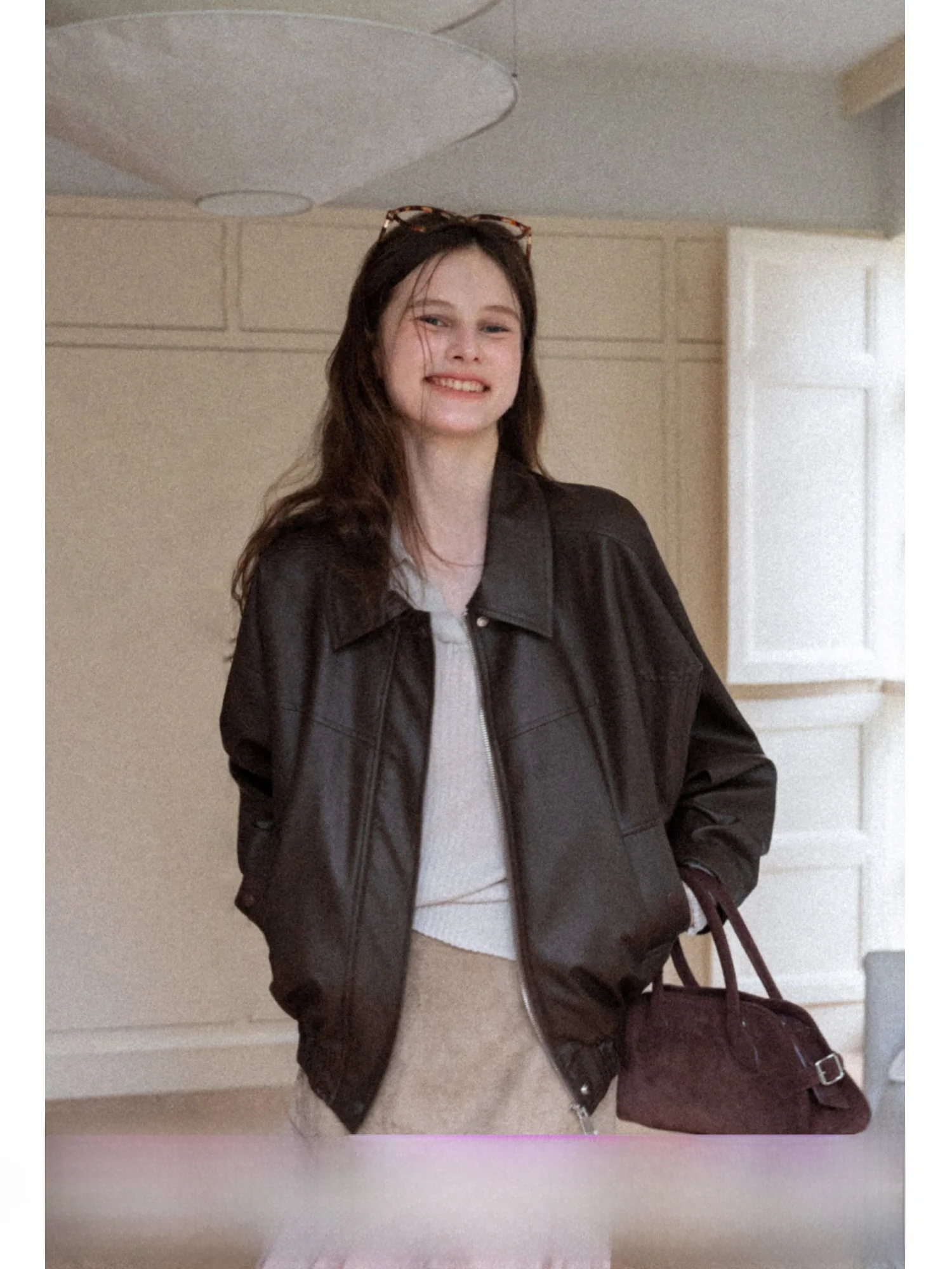 EGGKA American Sle PU Pelle Jaet ort Colletto con cerniera allentata Cappotto da motociclista Dolce vento fresco Top da donna per l'autunno