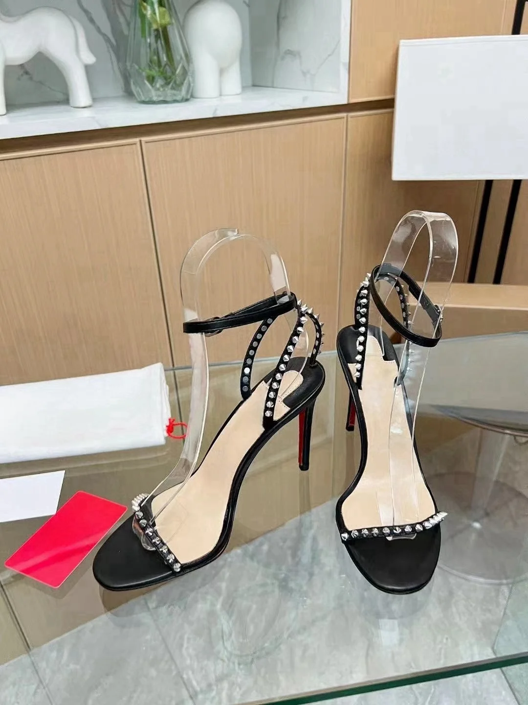 

Spring 2025 New Women Black High Heels Open Toe Thin Rivet Decoration Sexy Elegant Women's Sandals Large Size Ladies Shoes