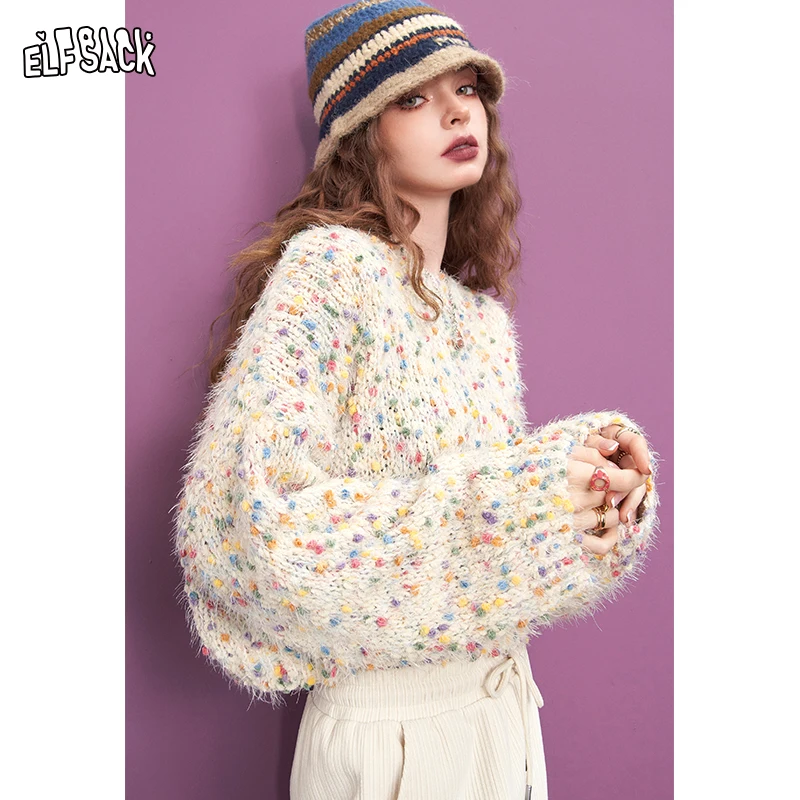 ELFSACK Colorful Dots Knitwears Woman 2023 Autumn/Winter Loose Long Sleeve Casual Outwears